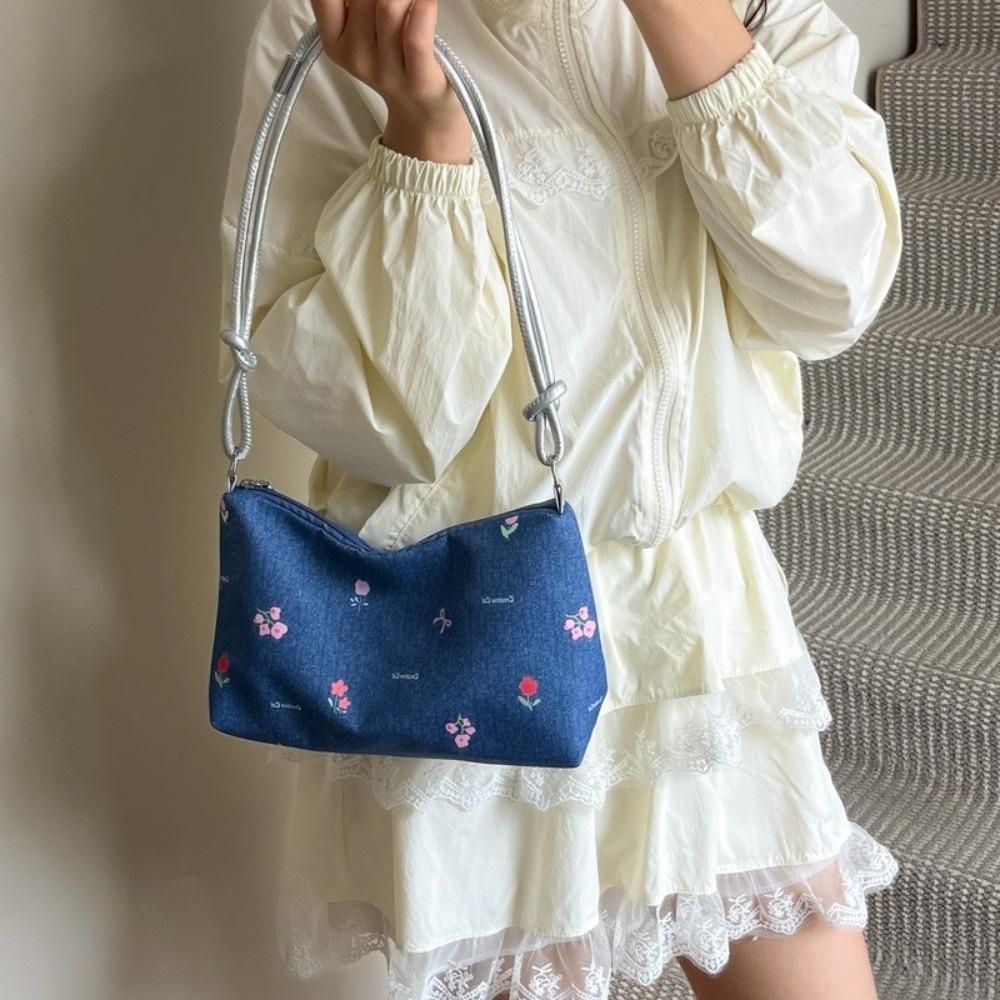 Blue Bow Underarm Bag Korean Women's Handbag Fashion Denim Shoulder Bag  Commuting
