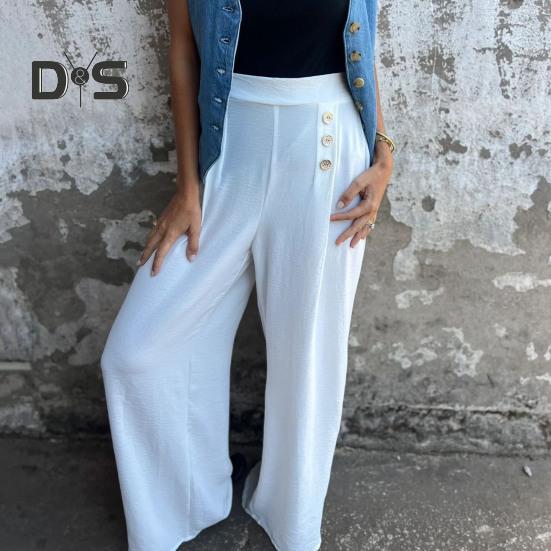 Women's Wide-Leg Pants High Waist Button Decorated Pants Casual Loose Fit Trousers for Daily Wear Travel Office