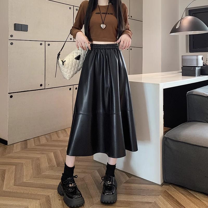 2025 Autumn/Winter Women's High-Waisted PU Leather A-Line Midi Skirt - Elastic Waist, Loose Bodycon Design