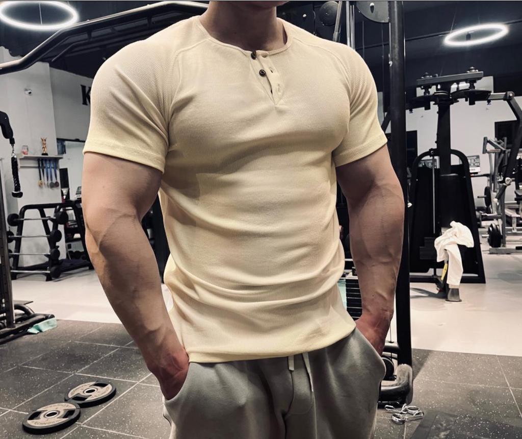 Men's Slim Fit Ribbed T-Shirt - Stretchy, Tight-Fitting, Round Neck, Short Sleeve, Muscle-Defining Fitness Tee