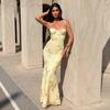 Women's Strapless Embroidered Floral Bodycon Long Dress Yellow Evening Gown