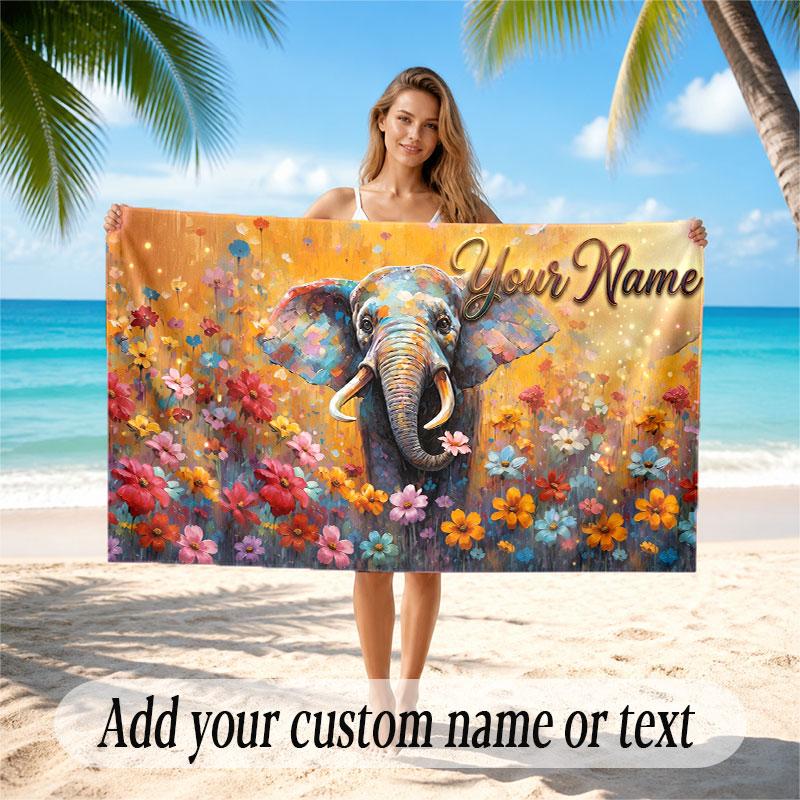 Floral Garden Theme Soft Beach Towel Personalized Custom Name Text Towel Portable for Beach Pool Travel