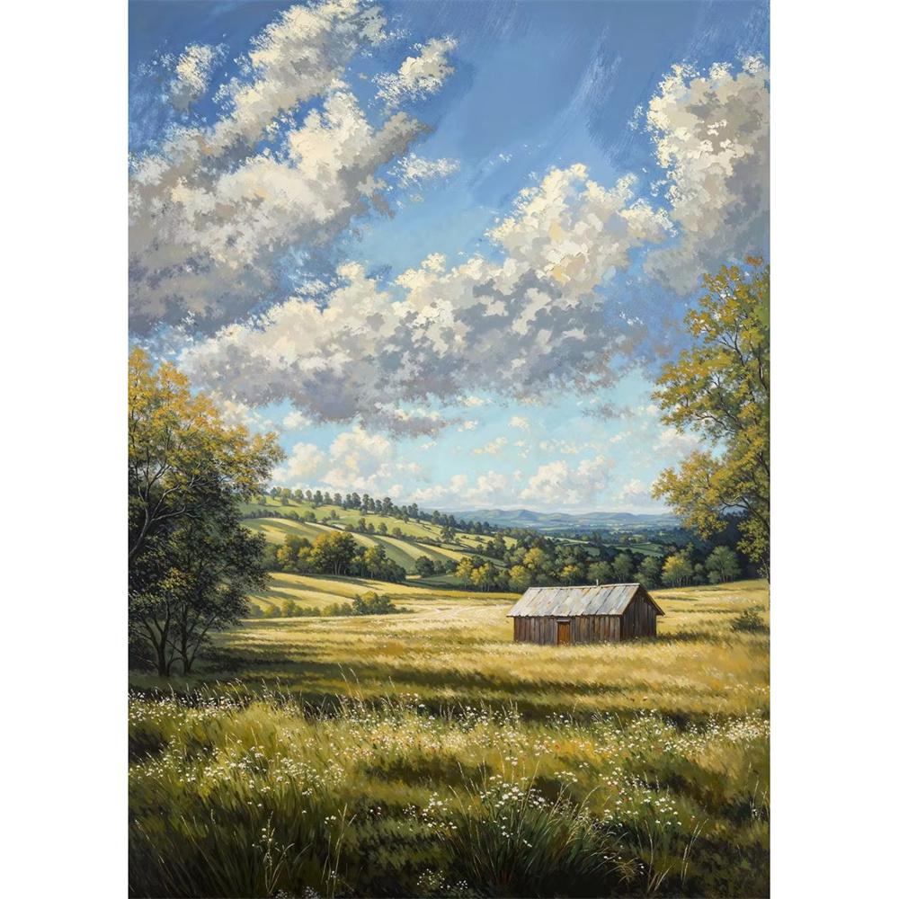 Cabana na Montanha Vista do Vale Caminho de Outono Prado de Verão Floresta de Árvores Nuvem Pôster Pintura em Tela Impressão para Sala de Estar Decoração de Casa