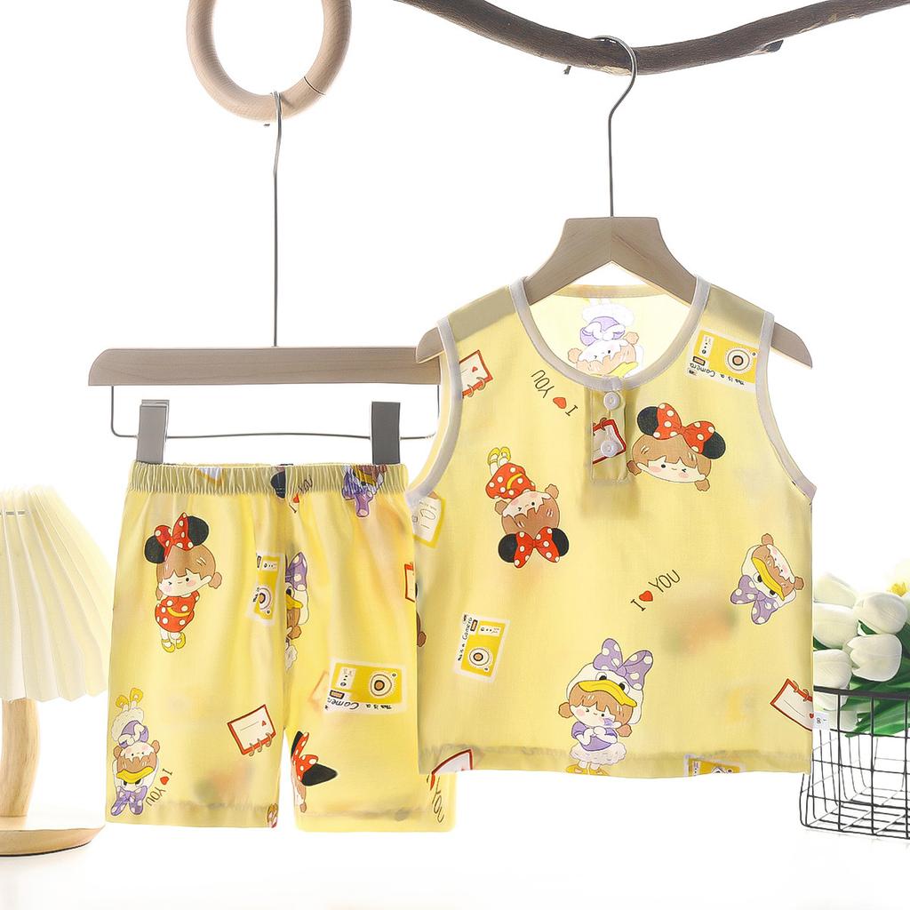Summer Kids Cotton Silk Vest And Shorts Set Boys Girls Breathable Pajamas Home Wear Two Piece Outfit For Baby