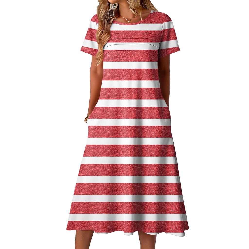 Ladies' Striped Printed Casual and Fashionable Short Sleeved Round Neck Dress