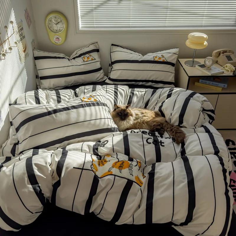 New Student Cartoon Washed Cotton Towel Embroidered Three or Four-piece Set Bed Sheet Quilt Cover Mattress Bedding