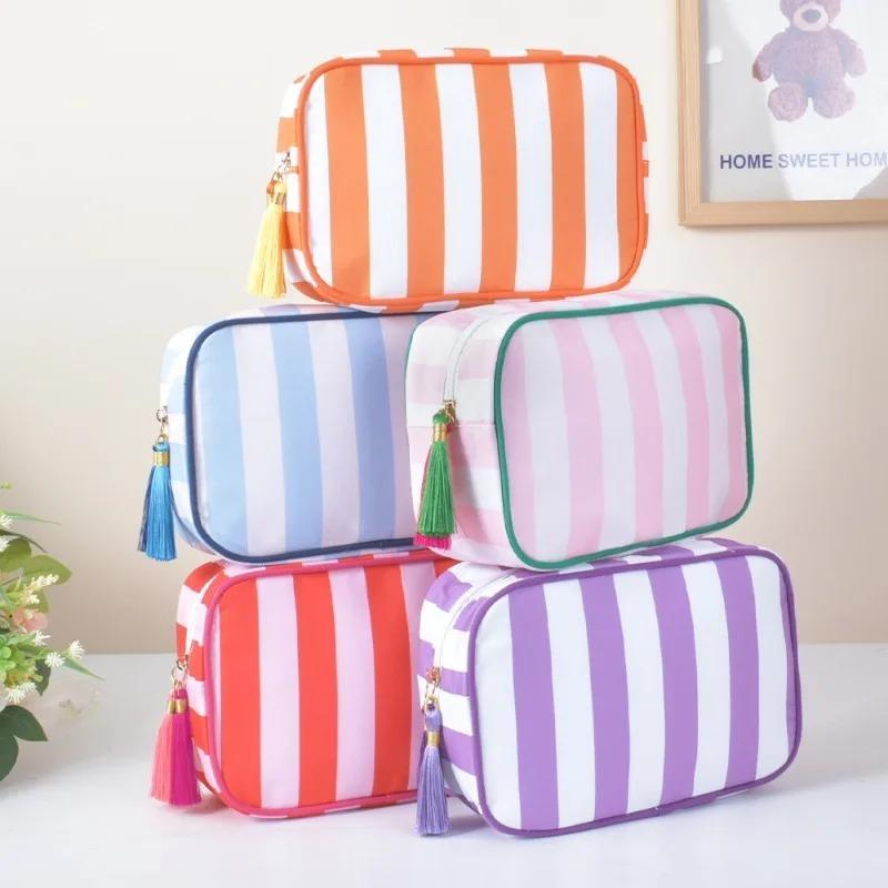 Large Striped Wash Cosmetic Bag for Women Tassel Zipper Makeup Bag Large Capacity Toiletry Storage Organizer Pouch Bags