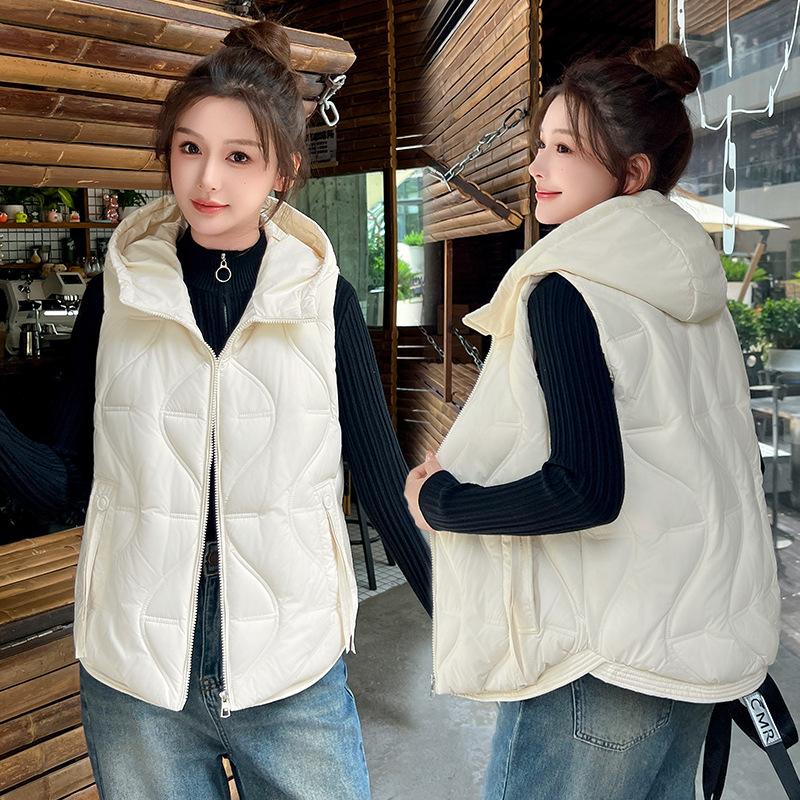 Down cotton vest women's autumn and winter new outer wear versatile vest black vest hooded short coat