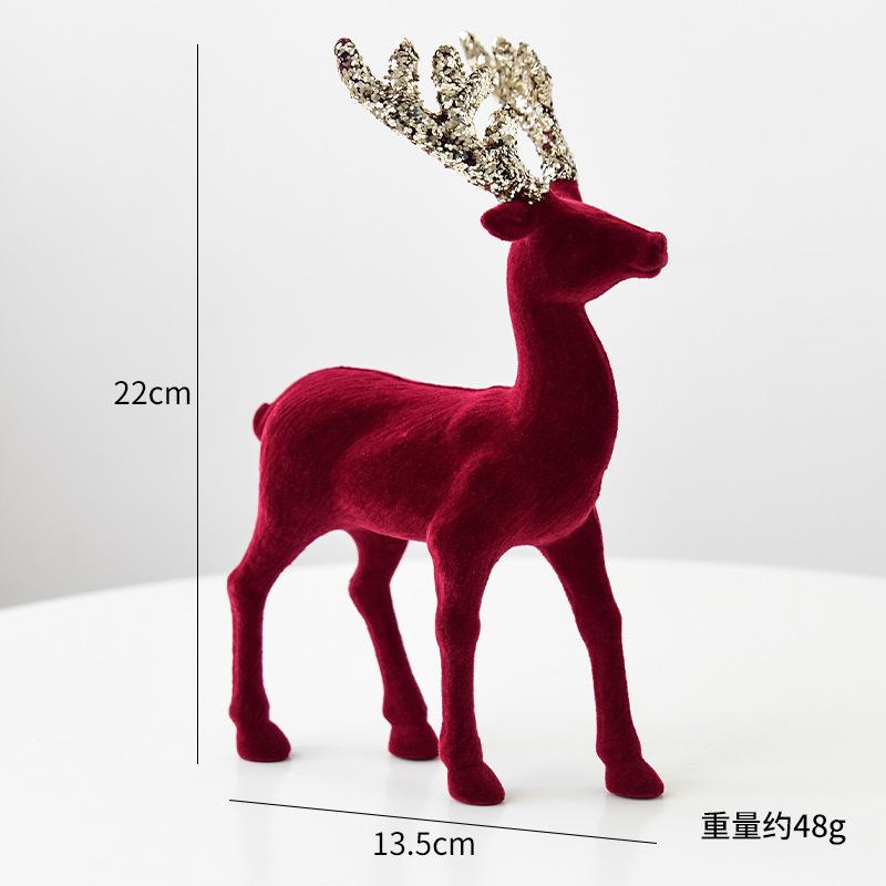 Christmas Reindeer Desktop Ornament Christmas Tree Decor Hanging Accessory Glittering Burgundy Flocked Deer Pendant Decoration