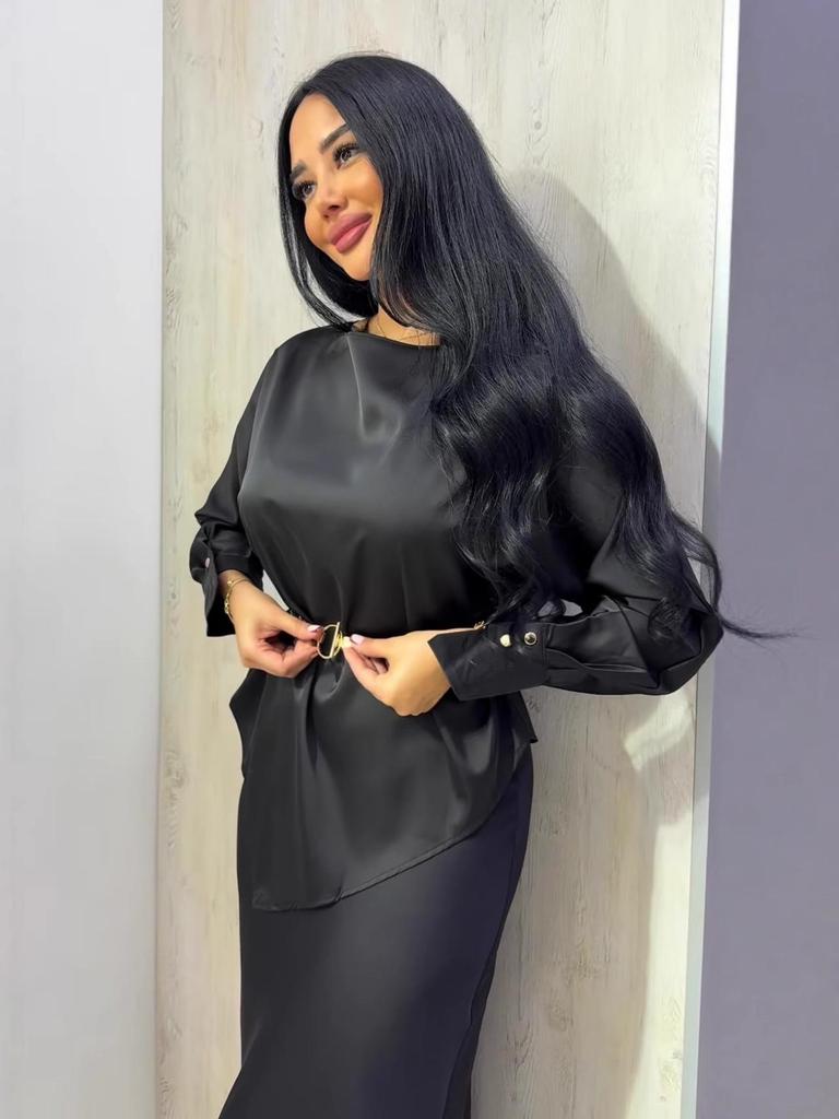 2025 Fall European & American Women's Round Neck Waist-Cinching Long Sleeve Top & Half Skirt Solid Color Set
