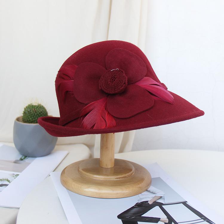 Retro Top Hat Autumn And Winter Woolen Hat Women'S Fashion Flower Styling Hat Back Curling Felt Hat