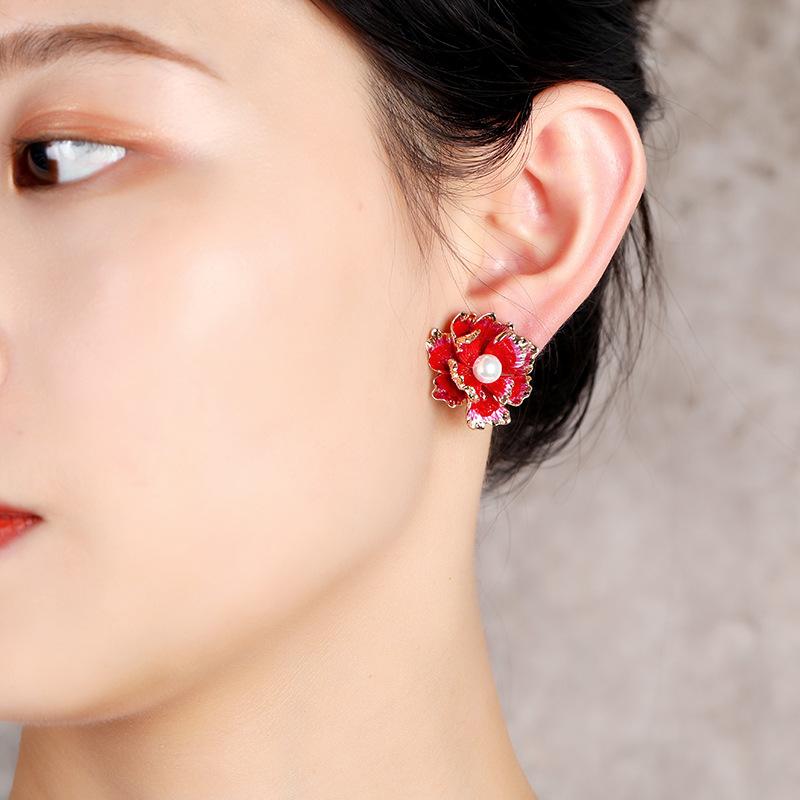 Chinese style peony flower stud earrings temperament women's s925 silver needle pearl simple earrings retro elegant versatile ear jewelry