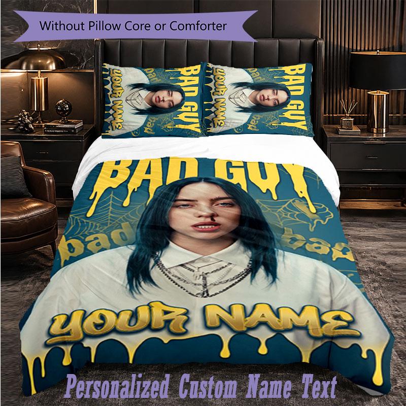 Personalized 3Pcs Bedding SetBillie Eilish Custom Text Duvet Cover Pillowcase Set Bedroom Gift