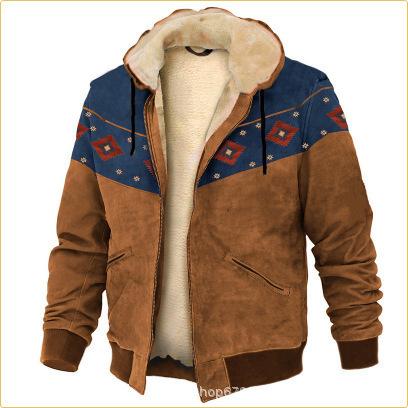 Indian Totem Print Cotton Suit Men'S Loose Lamb Wool Inner Western Style Warm Hooded Jacket Top