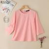 ZANZEA Women Casual Round Neck Solid Color Loose 3/4 Sleeve Blouse