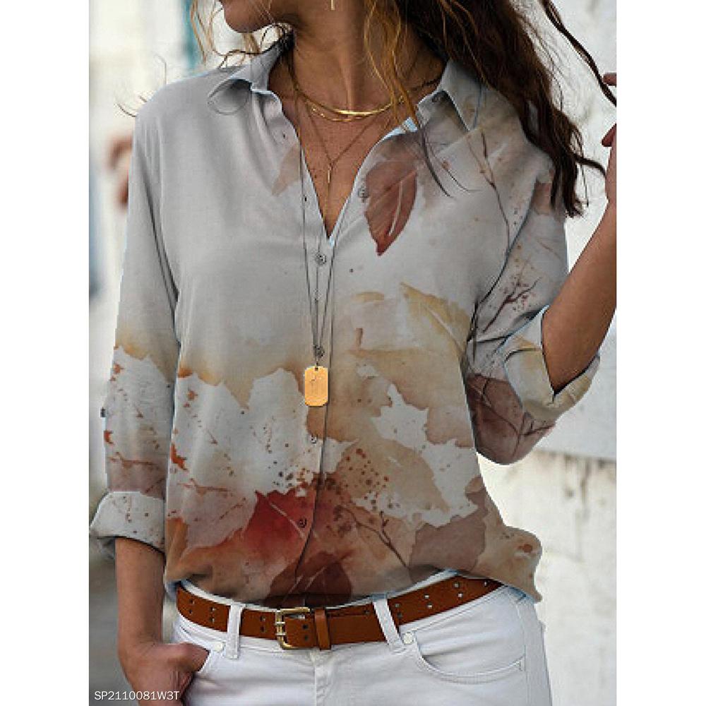 Four Seasons Women's Fashion Shirt New Printed Top Slim Fit Comfortable Women's Button V-neck Casual Loose Long Sleeve Shirt