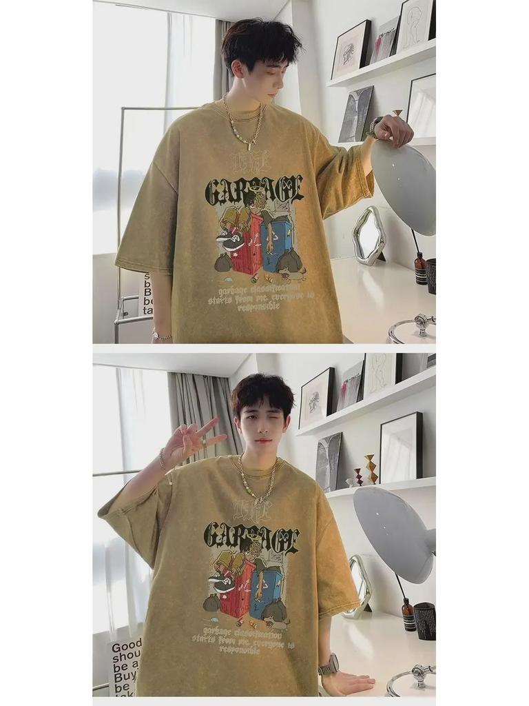 European & American High Street Retro Washed Hip-Hop T-Shirt - Men’s Summer West Coast Cotton Heavyweight Short Sleeve