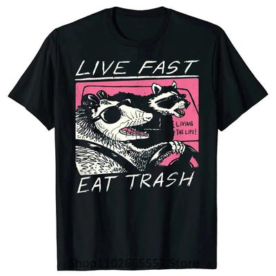 Camiseta unissex viva rápido coma lixo, camiseta engraçada de desenho animado, guaxinim, camiseta unissex, camisas masculinas, camiseta casual unissex, camiseta harajuku unissex