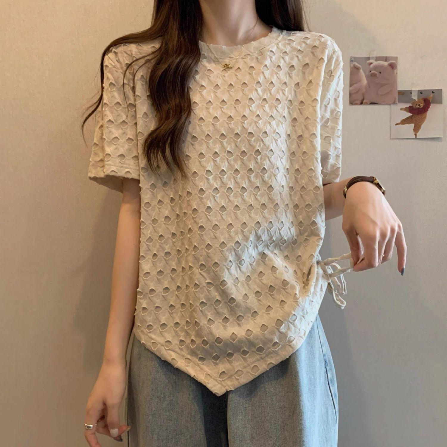 

Футболка большого размера с короткими рукавами и завязками на талии для женщин, свободный крой, прикрывающий живот, утягивающий и шикарный топ 2XL абрикосовый