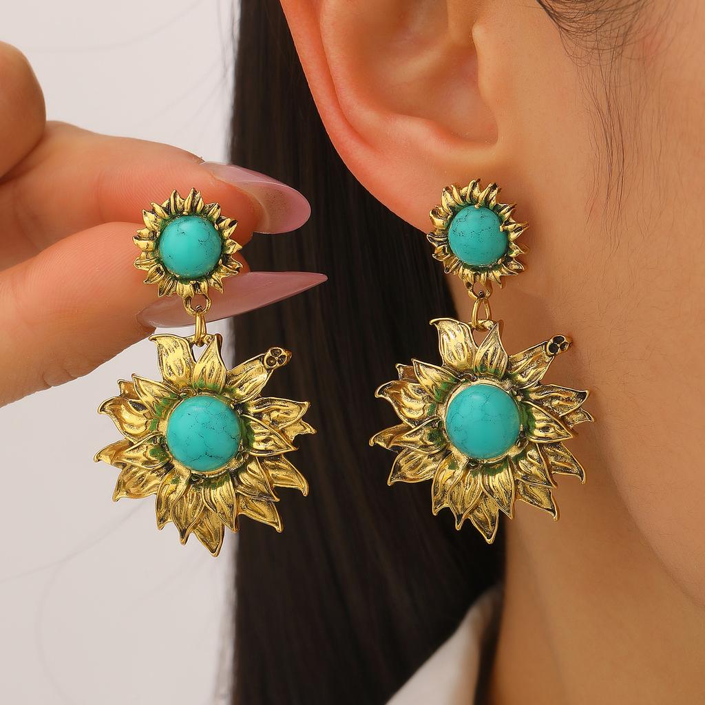 Vintage Sunflower Drop Earrings with Turquoise Tone Stones Bohemian Floral Jewelry