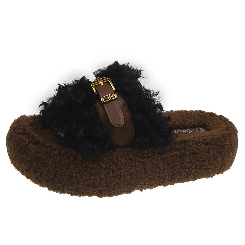 Retro Dicksohlige Flauschige Hausschuhe Damen Outdoor 2025 Herbst und Winter Koreanische Version Bequeme Lockige Hausschuhe Ein-Wort Baumwollschlepper Damen