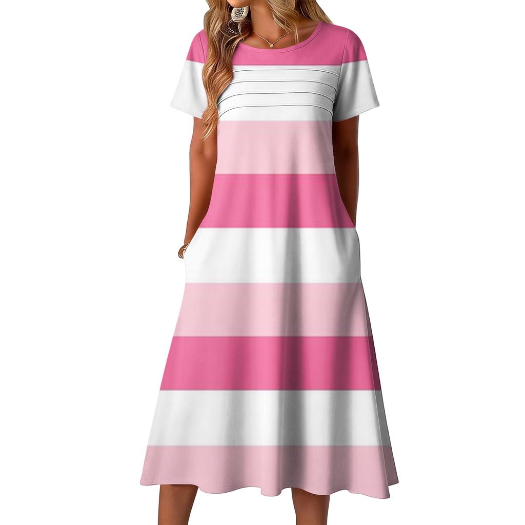 Ladies' striped printed casual and fashionable short sleeved round neck dress
