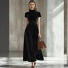 Women's Elegant Slimming Gold Velvet Dress - Short Sleeves, Waist-Cinched, Autumn/Winter Style