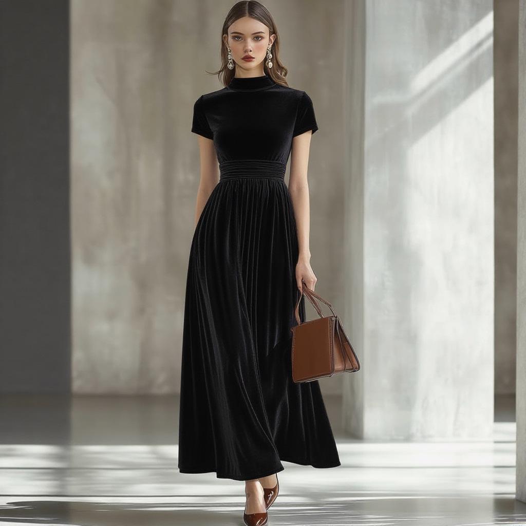Women's Elegant Slimming Gold Velvet Dress - Short Sleeves, Waist-Cinched, Autumn/Winter Style