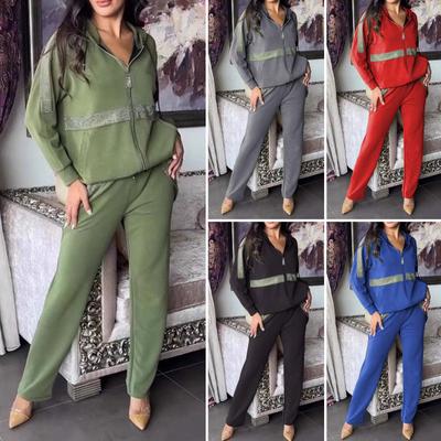 2 Pcs/Set Women Sweatshrit Pants Suit Sequin Hooded Long Sleeves Zip-up Sport Hoodie Elastic Waist Trousers Fitness Outfit Fall