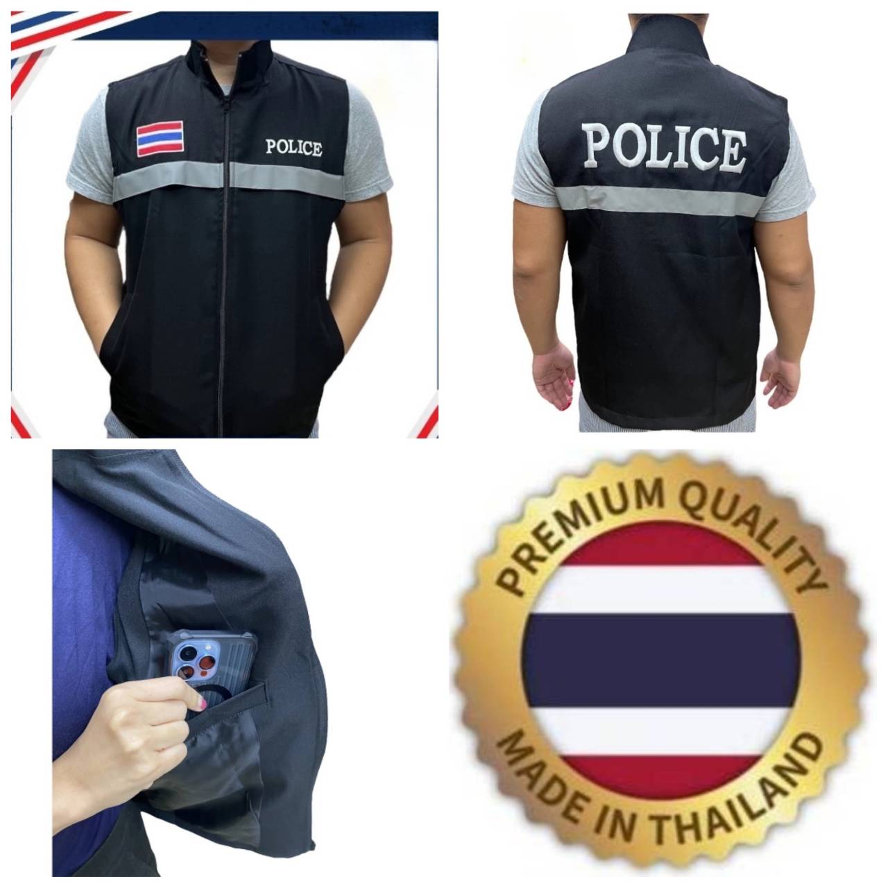 

Жилет ПОЛИЦИЯ с вышитыми нашивками в виде флага Таиланда, на молнии, без рукавов, для мужчин и женщин, унисекс, полностью на подкладке, внутренний карман L