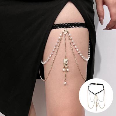 Beinkette Imitation Perlen Zweilagige Kette Elastischer Beinschmuck Vielseitig Sexy Körperkette Leichtes Beinornament