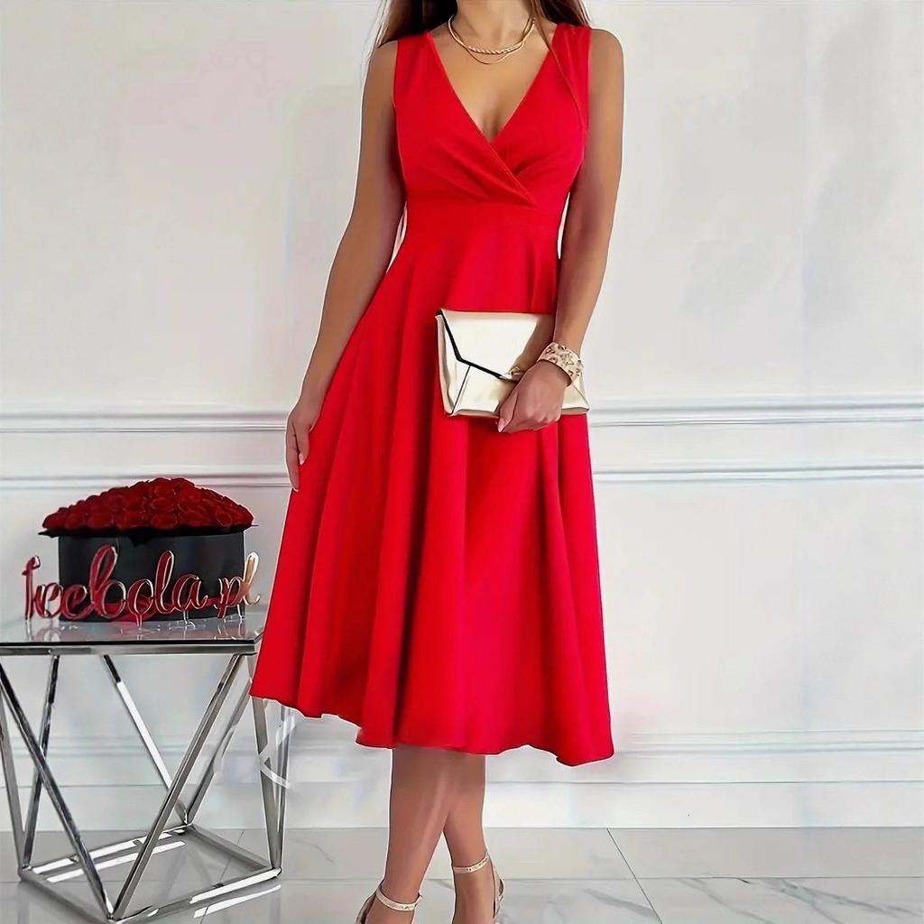 Women's Sleeveless V Neck Wrap Midi Dress Elegant A-Line Solid Color Summer Evening Party Cocktail Gown Wedding Guest Casual Formal Dress