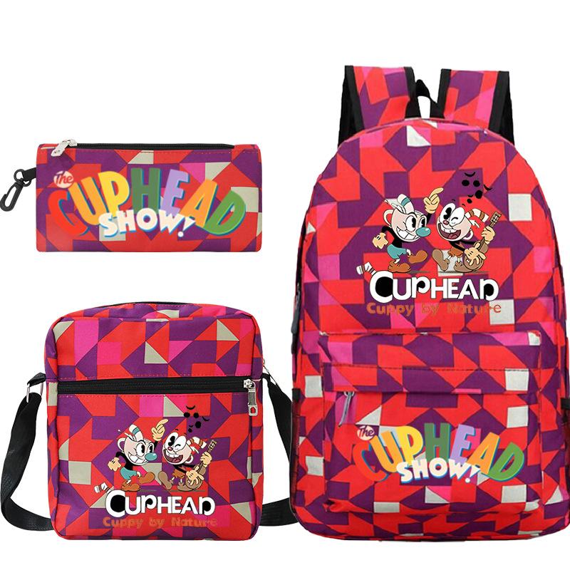 Cartoon Teacup Head Cuphead Student Backpack Oblique Span Bag Pencil Bag Primary And Secondary School Students Children'S Schoolbag Three-Piece Set