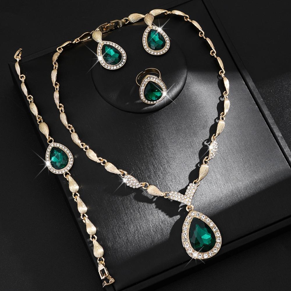 Water Drop Pendant Rhinestone Inlaid Jewelry Set Bracelet Ring Women Jewelry Set  Bridal