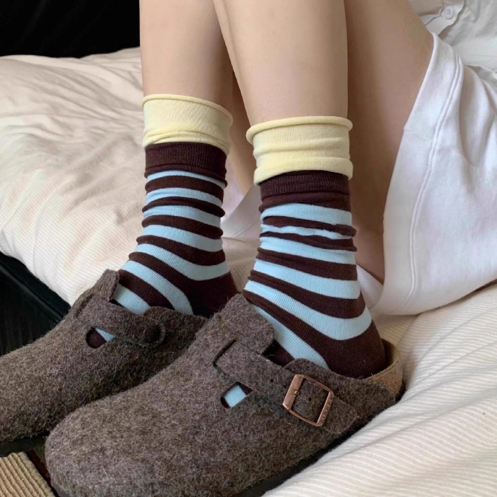 Striped Sports Socks Rolled Edge Double-Layer Socks Kawaii Mid Tube Socks For Women