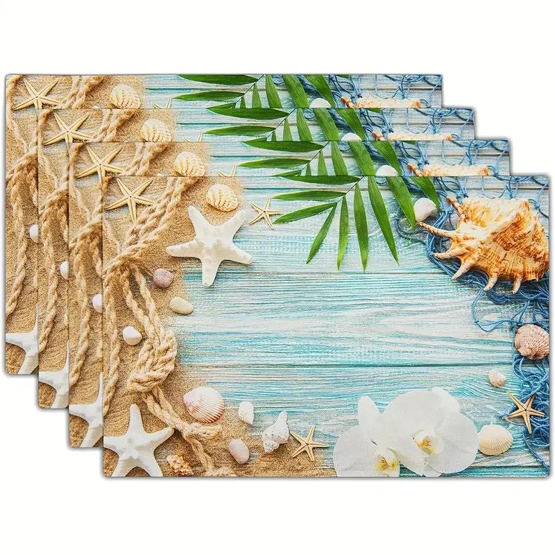 4PC Beach Shell Placemat, Blue Ocean Dining Table, Coffee Table Decoration, Anti Fouling and Heat-insulating Placemat