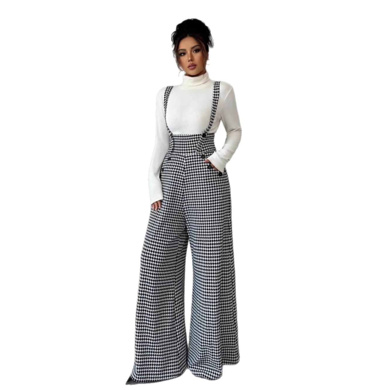 

Autumn 2025 Women s Houndstooth Wide-Leg Overalls with Buckle Small білий