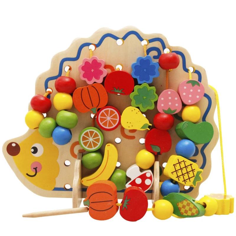 

82Pcs Wooden Fruits Vegetables Lacing Stringing Beads Toys with Hedgehog Board Montessori Educational Toy for Kids Children Gift
