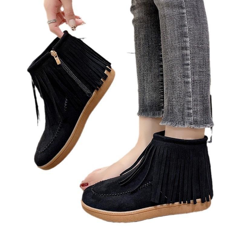 Large size comfortable short fringed boots women's autumn and winter new sweet versatile velvet flat women's boots