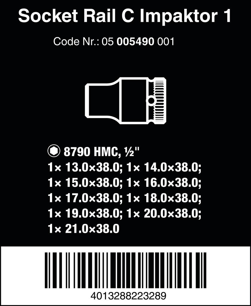 WERA Hex Socket Wrench with Storage 005490 9-Piece Set, 1/2" Drive, Rail, 13-21mm,