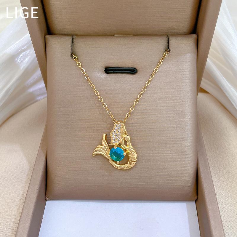 Sapphire Mermaid Light Luxury Temperament Gorgeous Full Diamond Necklace Female Versatile Collarbone Chain Titanium Steel Chain