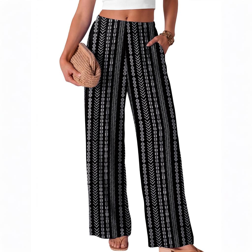 Women Loose Fit Wide Leg Trousers Casual High Waist Elastic Waistband Printed Long Pants for Everyday Wear