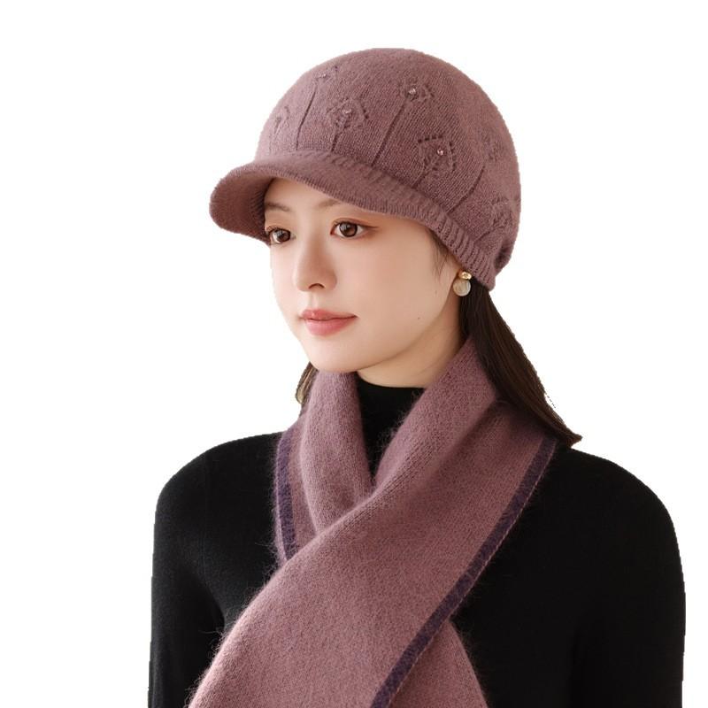 Herbst und Winter Damen Mittleren Alters und Ältere Verdickter Samt Warm Ohrenschutz Gestrickt Kaninchenfell Alte Dame Fischerhut Trendig