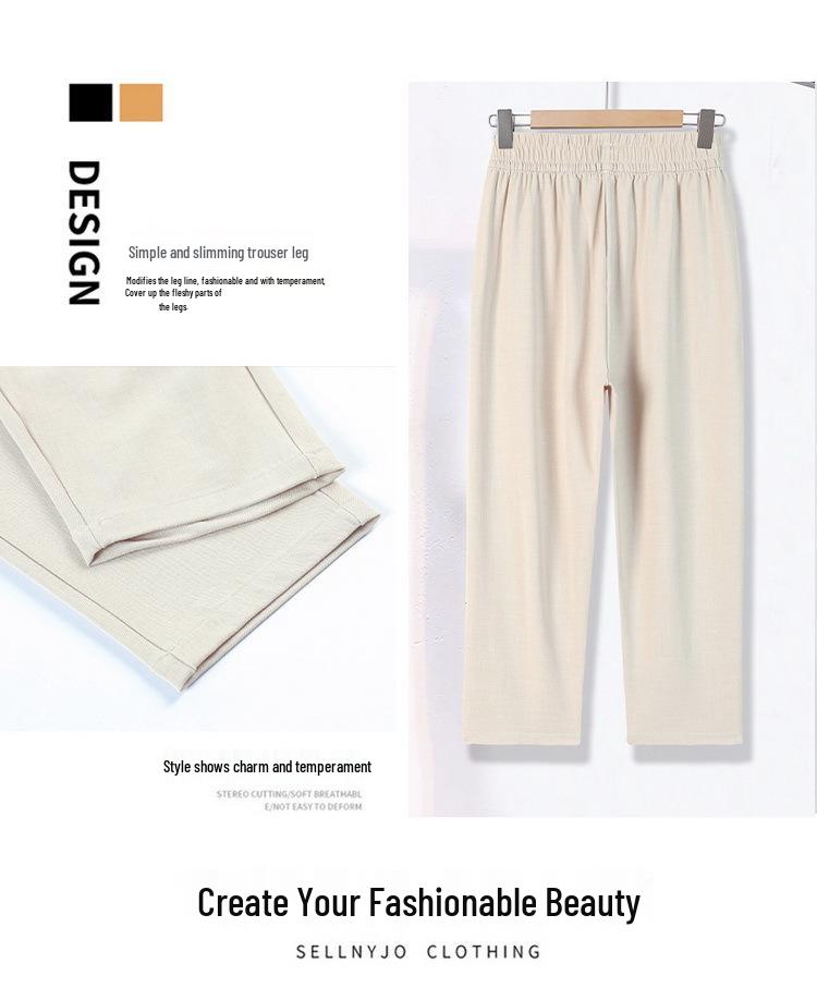 Mom's Summer High-Waisted Elastic Straight Leg Embroidered Pants for Middle-Aged Women