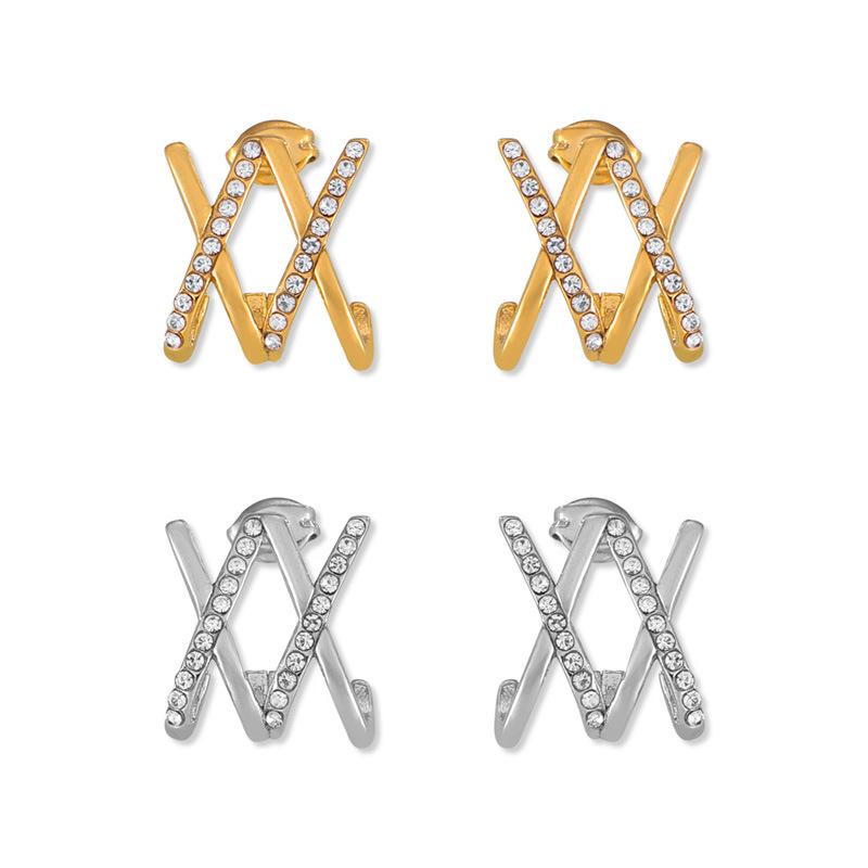 Vintage Cross-set Diamond Stud Earrings Niche Unique Design X Letter Temperament Titanium Steel Earrings Spot