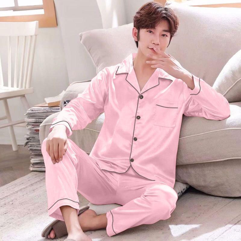 GMXIA Pigiama da Uomo Primavera e Autunno, Maniche Lunghe e Pantaloni Lunghi, Seta Ghiacciata Sottile, Abbigliamento da Casa per Adolescenti, Set di Seta, Taglie Forti