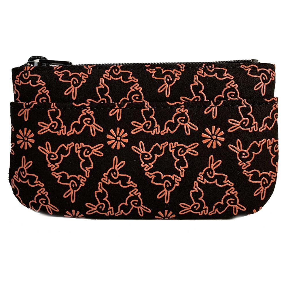 Оригинальный кошелек для монет Indenya Kyosuke, Сделано в Японии, Кожа оленя, Инден, 6,5 x 11 x 1,3 см, Кошелек на молнии, Дизайн с кроликом, 1002, Черно-розовый