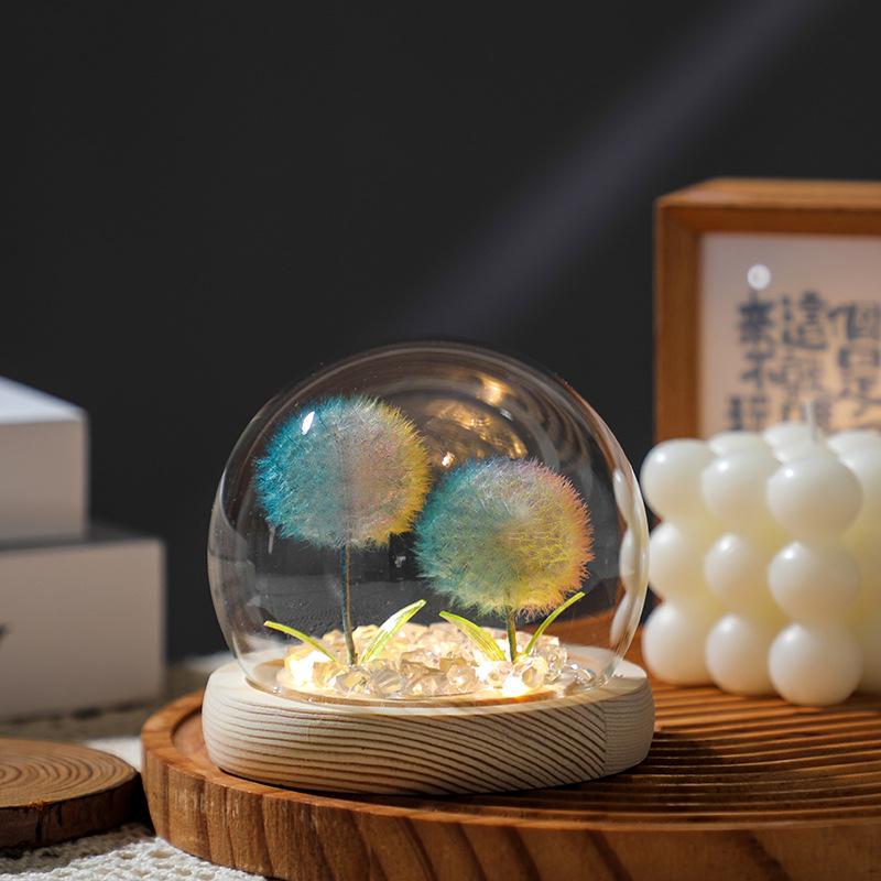Luminous Dandelion Preserved Flower Bouquet Night Light in Glass Dome - Birthday Gift for Girls or Girlfriend