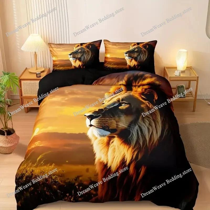 Lion Duvet Cover Set Safari Bedding Set Wildlife Hunting Polyester Double Queen King Size Quilt Cover for Kids Teens 3D Print