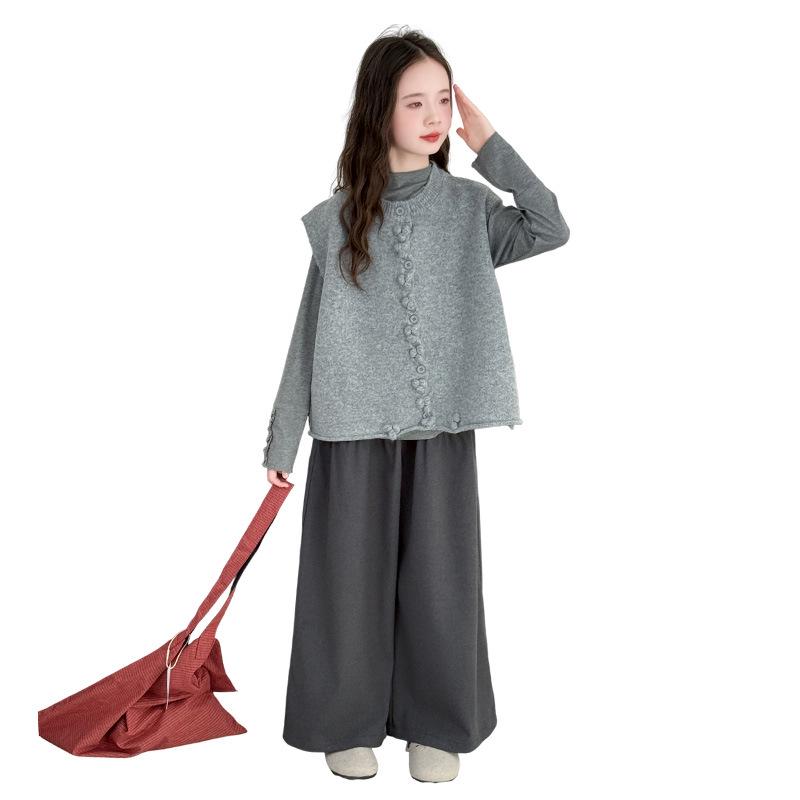 Dziewczęcy jesienny zestaw modowy trzyczęściowy w stylu koreańskim 2025 – stylowy strój casualowy dla dużych dziewczynek